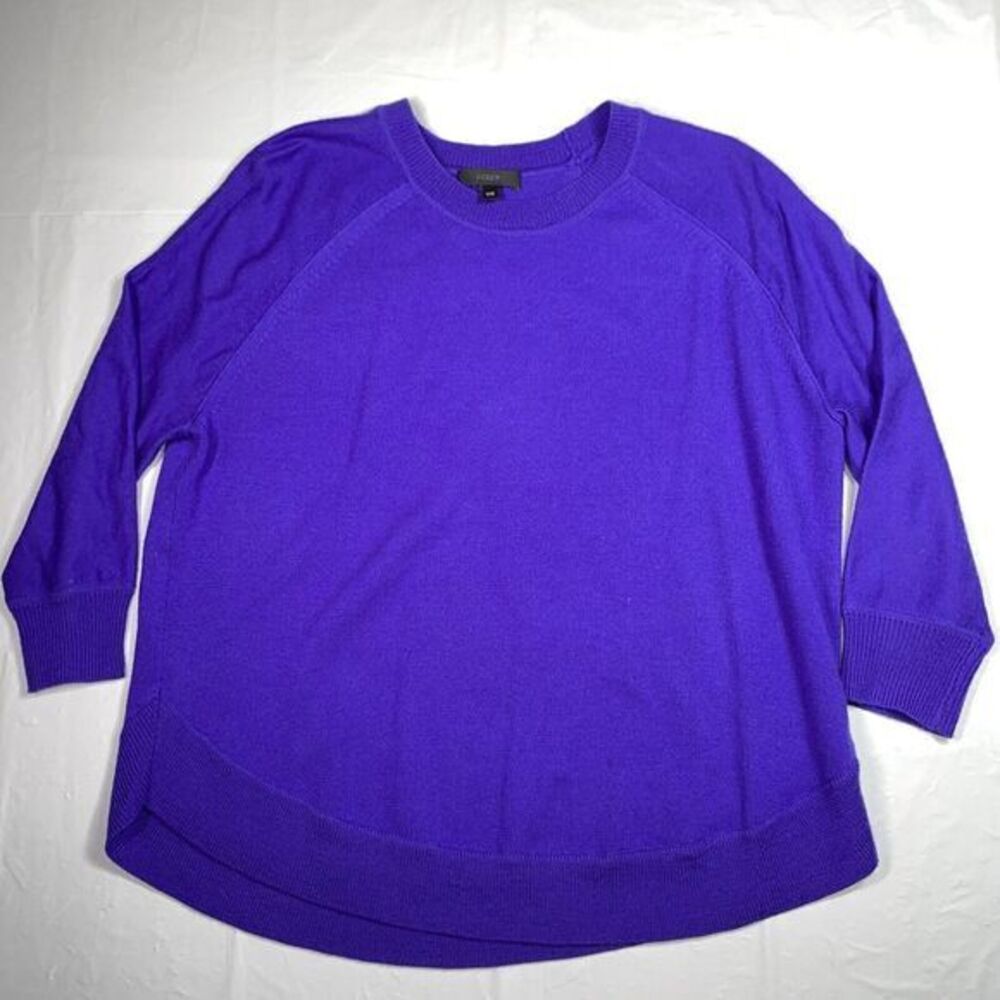 J. Crew‎ Womens Purple Loose Fit Knitted  100% Merino Wool Curved Hem 3/4 Sleeve